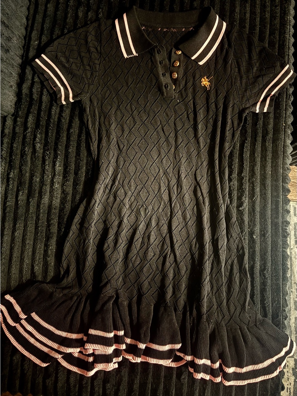 Black Knit Polo Mini Dress with Pink Trim